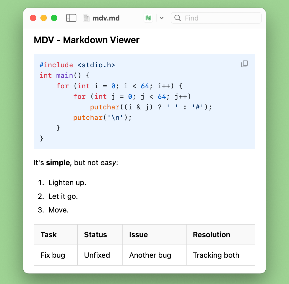 MDV window showing rendered Markdown with code, a list, and a table